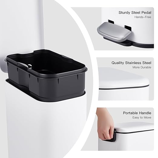 Bathroom Trash Can with Lid, 12L/3.2 gal Stainless Steel Step Trash Can, Slim Small Wastebasket with Removable Inner Bucket for Toilet Bedroom Office
