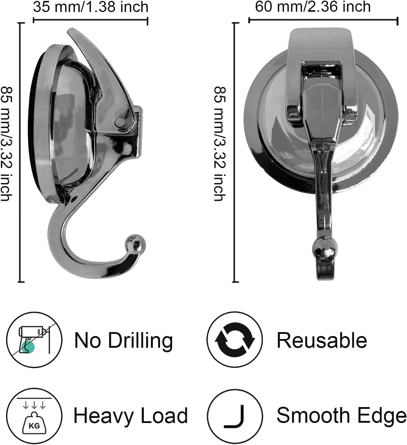 Heavy Duty Vacuum Suction Shower Hooks - Glass Suction Cup Hooks, Bathroom Robe Hooks, Reusable, No Hole Punched, for Garland Decoration (Silver Grey, 4 Pack)