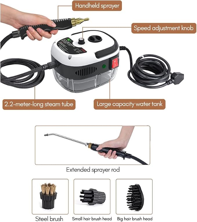 Portable Steam Cleaner, 2500W High Temperature Pressurized Steam Cleaner for Deep Cleaning Floors, Car, Upholstery, Bathroom, Windows and More