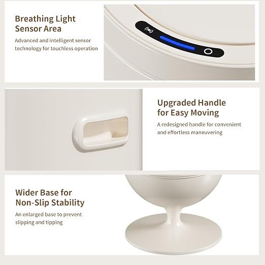 MRBIN Metal Bathroom Motion Sensor Trash Can with Lid, 5.3 Gallon Wine Glass Shaped Automatic Waste Basket Touchless, Smart Round Tall Garbage with High Leg for Office, Bedroom, Kitchen, Cream White