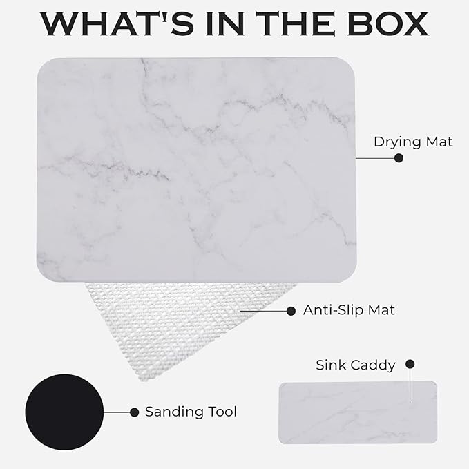 J.B Large Stone Drying Mat for Kitchen Counter - Quick Dry Stone Mat with Sink Caddy, Ultra Absorbent Dish Drying Stone for Kitchen Counter and Bathrooms, 16 x 12 Inch (Light Gray/White Marble Finish)