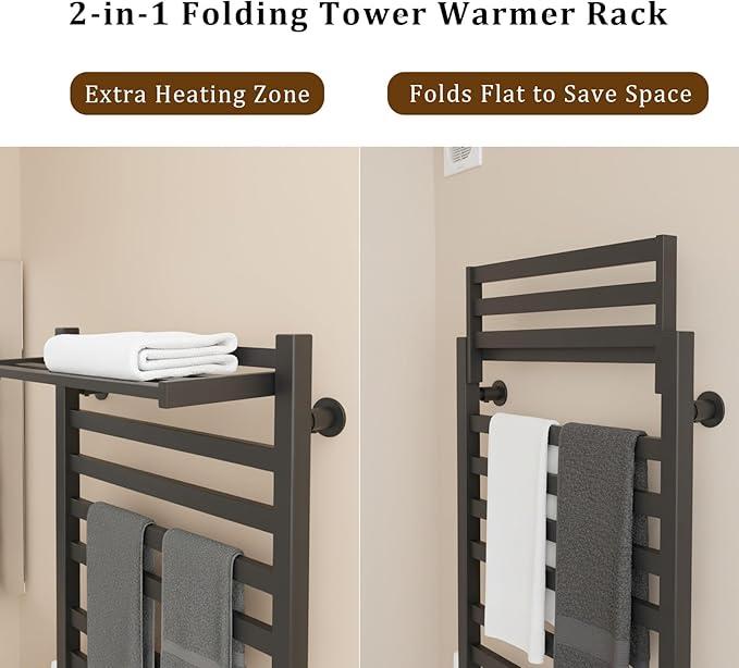 8-Bar Towel Warmer with with Top Warmer Shelf, Electric Towel Rack Set with Fast Heating, Auto Shut-Off Timer, Matte Black Finish, Hardwired or Plug-in, Hot Towels in Bathroom