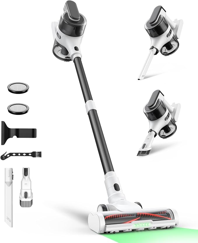 Maircle Cordless Stick Vacuum Cleaner for Home, Lightweight Rechargeable Vacuum with 55min Runtime, Powerful Suction, Green LED Headlight, 9-in-1 Pet Hair Carpet & Hardwood Floor Cleaner