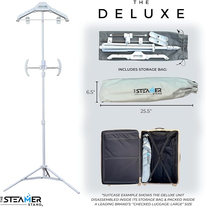 Deluxe | Adjustable Standing Garment Steaming Rack with Hanger | Fast, Foldable, Portable Clothes Steam Ironing Solution for Travel & Home