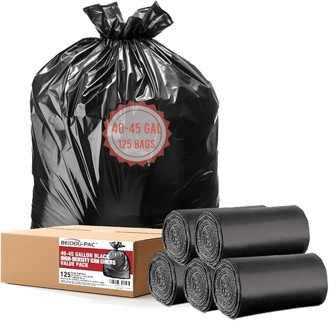 BEIDOU-PAC 40-45 Gallon Lawn & Leaf Trash Bags, 125 Count Bulk, Black Garbage bags, Multi-purpose Trash Can Bin Liners for Home Commercial, Outdoor, Construction, Industrial