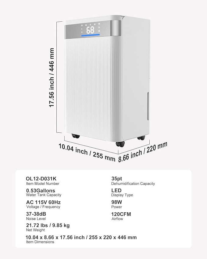 VEVOR 35 Pints Dehumidifier for Home & Basement, 2500 Sq.Ft Coverage, Drain Hose for Commercial & Industrial Use, Smart Humidity Control, Low Noise for Large Rooms, Warehouses, Bedrooms & Storage