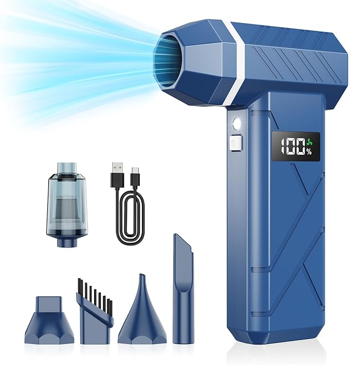 Dzaki Compressed Air Duster & Vacuum 2-in-1, 140000RPM Electric Air Duster, 4-Gear Adjustable Rechargeable Cordless Dust Blower with LED Light Fast Charging for Keyboard PC Car Home Outdoor-Navy
