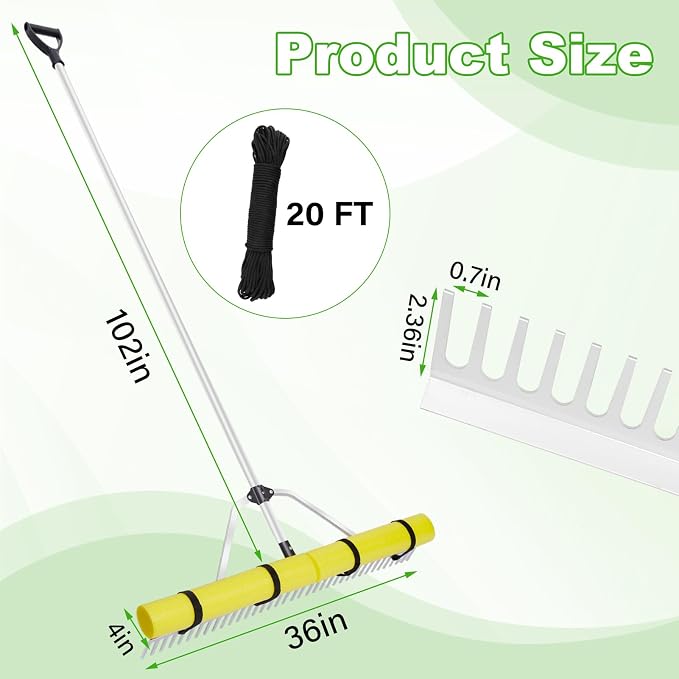 Pond Rake Aquatic Weed Rake,Detachable Float Lake Rakes,Aluminum Landscape Rake for Outdoor Pond with Extension Rope,Weed and Algae Removal,Upgraded Rakes Foam Fixing Velcro and carabiners