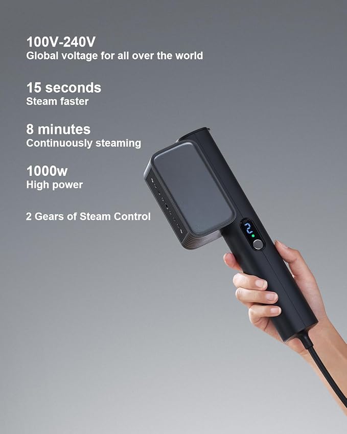 G7 2-in-1 Professional 100-240V Dual Voltage Steamer for Clothes and Iron for Clothes, Just 1lbs Lightly, 8 Minutes of Continuous Steam, 1000W Portable Steamer for travel and home(black)