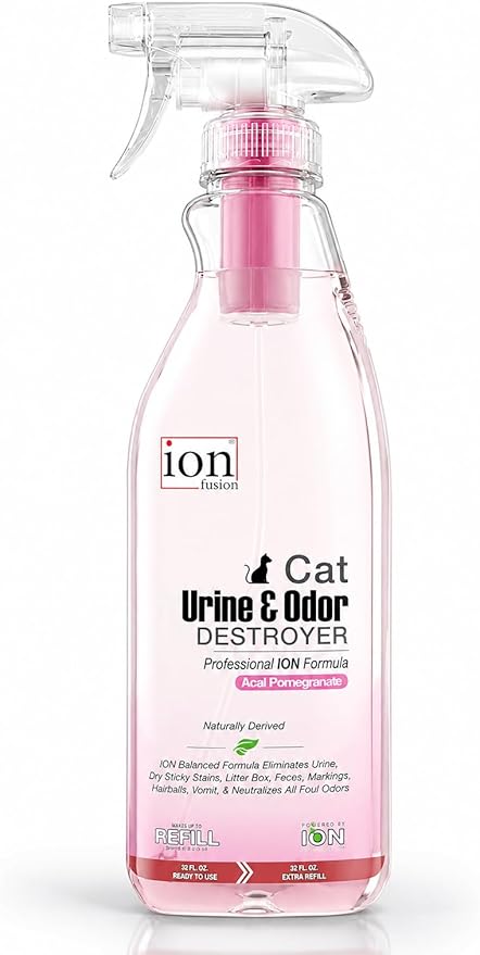 ION Fusion Cat Urine Odor Eliminator for Strong Odor, Dissolve Odors on Molecular Basis, Cat Litter Deodorizer Odor Absorber, Pet Stain Remover, Patent Refill Pod, Non-Enzymatic Formula, 32oz + Refill