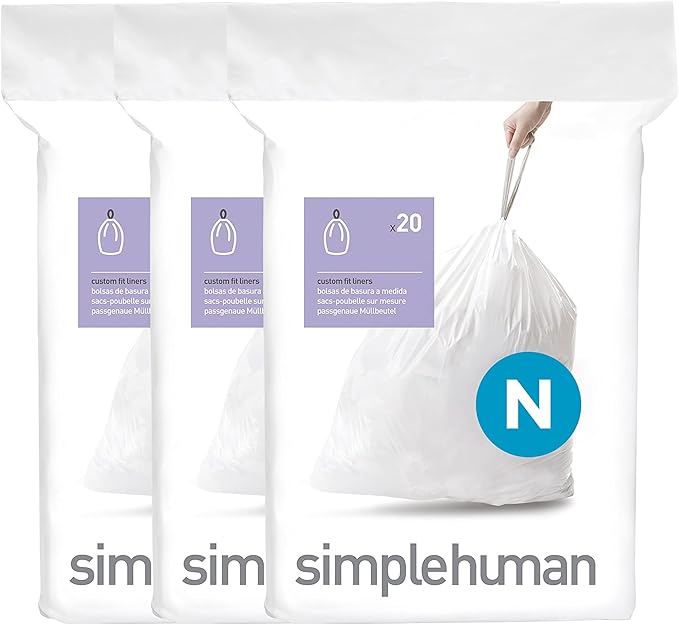 simplehuman Code N 60 Count, Dispenser Pack Custom Fit Liners, Drawstring Trash Bags, 45-50 Liter / 11.9-13.2 Gallon, White