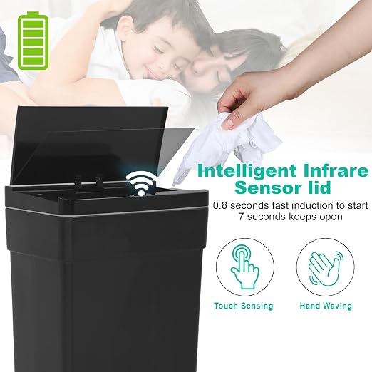 BestOffice 13 Gallon Trash Can Automatic Kitchen Trash Can Touch Free High-Capacity Garbage Can with Lid for Bedroom Bathroom Home Office 50 Liter (Black, 1) (3, Black)