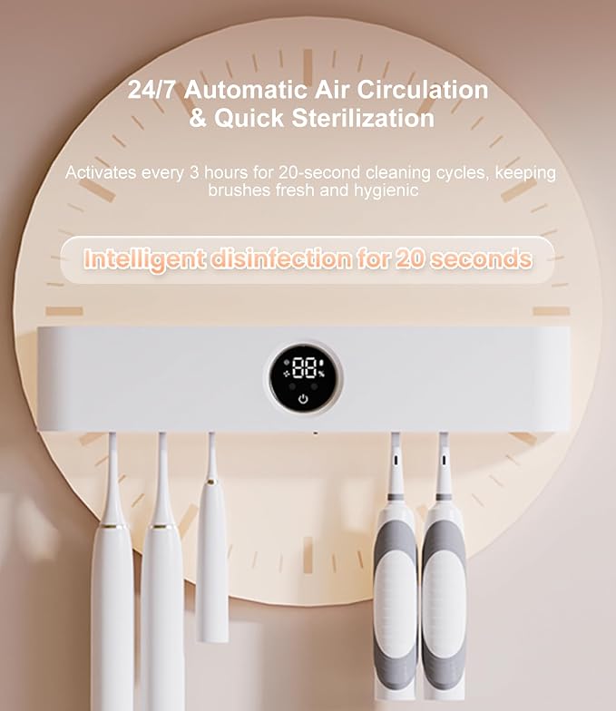 Smart Toothbrush Holder with Drying & Ventilation, 5 Brush Organizer with LED Display, Wall Mounted Storage with Shaver Slot for Family Bathroom
