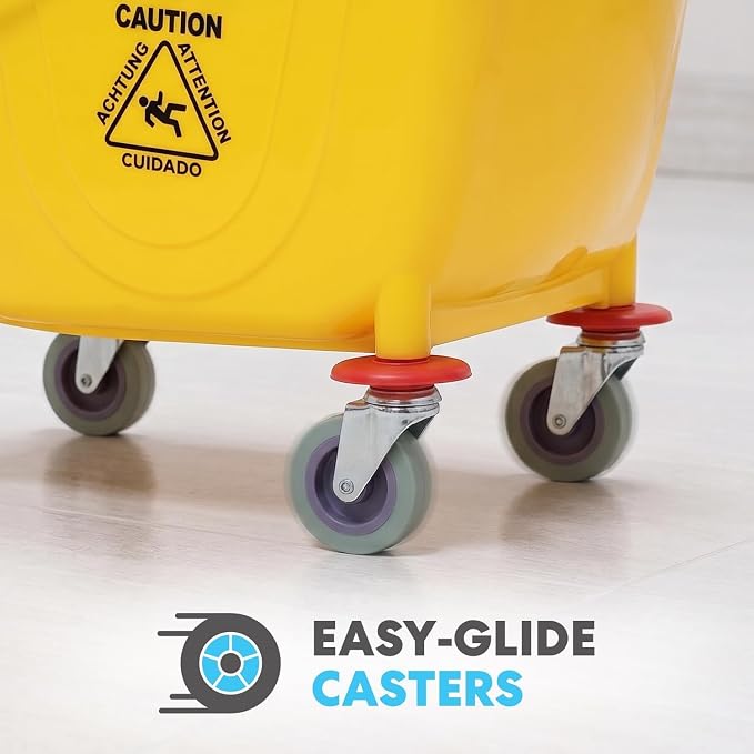 SIMPLI-Magic Side Press Wringer Combo Commercial Mop Bucket on Wheels, 2-Pack, 35 Quart, Yellow, Including Wet Floor Caution Sign and Mop Set, Polyethylene