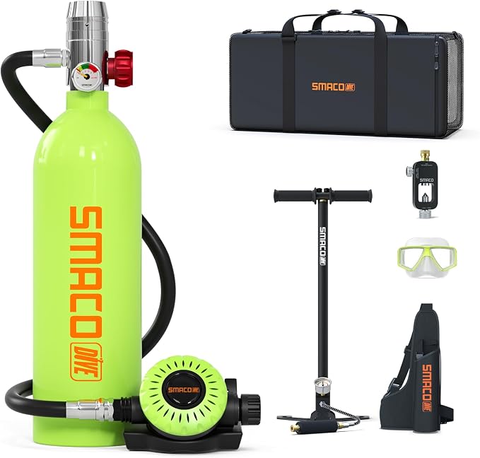 SMACO Mini Scuba Tank 1L Small Diving Tank for Underwater Breathing Portable Lung Air Tank Diving Oxygen Cylinder Kit for Emergency Rescue Boat Cleaning Backup Air Source Pony Bottle S400