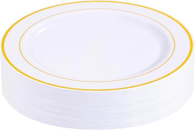 bUCLA 30PCS White and Gold Plastic Dinner Plates Disposable - 10.25inch Premium White Gold Rim Plates, Ideal for Wedding & Party