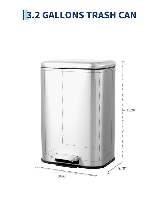 3.2 gal/12L Stainless Steel Kitchen Trash Can, Step-on Recycling Bin with Soft Close Lid, Removable Inner Bucket, Rectangular Wastebasket for Office Living Room, Silver