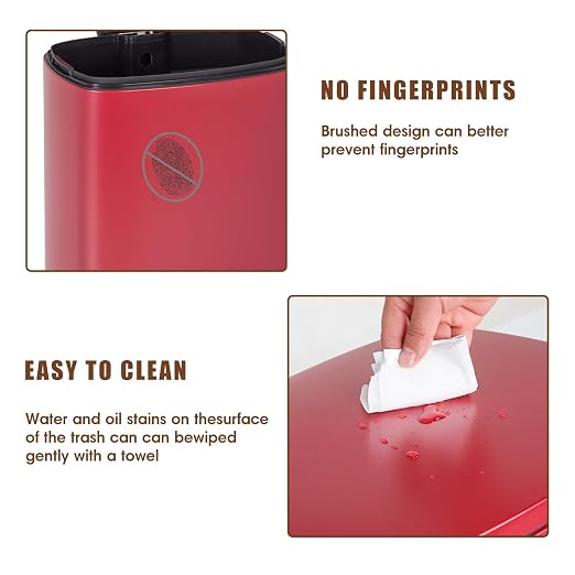 BestOffice 13 Gallon (50L) Trash Can with Soft-Close Foot Pedal, Fingerprint Proof Stainless Steel Can for Kitchen, Home, Office, Bedroom, Bathroom, Red