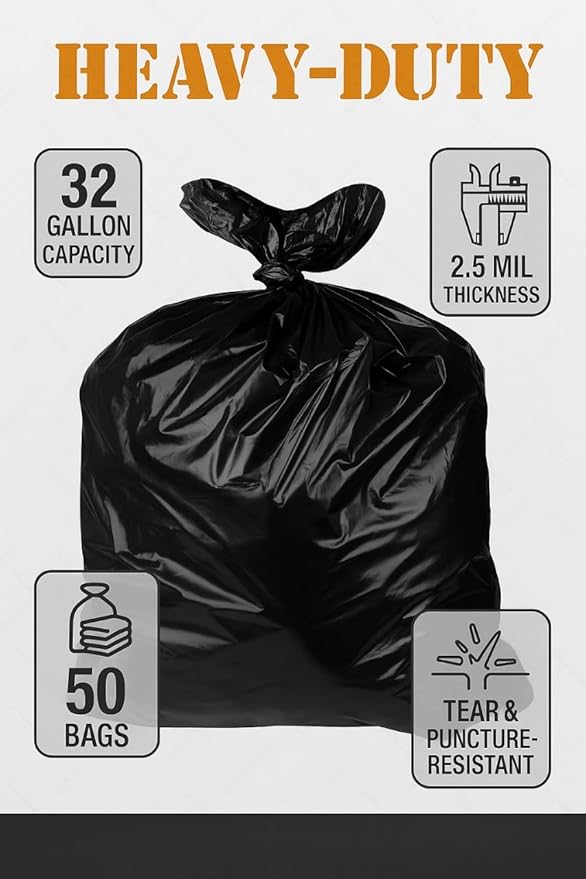 32–33 Gallon Heavy Duty Trash Bags, 100 Count – 2.5 Mil Thick Black Contractor Garbage Bags for Outdoor Bins, Lawn, Construction & Commercial Use – Tear-Resistant Can Liners, 32" x 38"