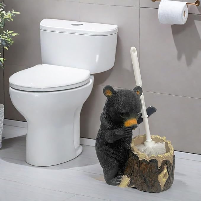 Whimsical Black Bear Toilet Brush Holder Set - Unique Cub Shape Decorative Bathroom Cleaning Kit for Cabin Owners, Bear-Themed Home Decor, Cozy Cabin Gifts