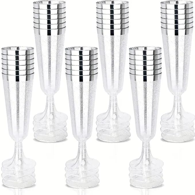 50 Pack Plastic Champagne Flutes 5.5oz Silver Glitter Rim Disposable Suitable for Wedding, Birthday Party, Thanksgiving Day, Christmas Supplies