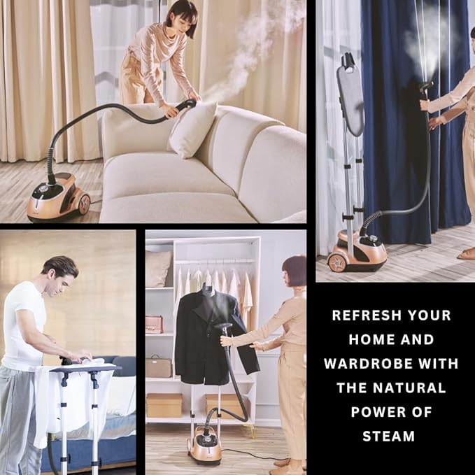 SALAV® Limited Edition Pro Series Standing Garment Steamer & Ironing Board – 1500W, 4 Steam Levels, Stainless Steel Plate, 1.8L Tank, Chrome Finish & Wheels