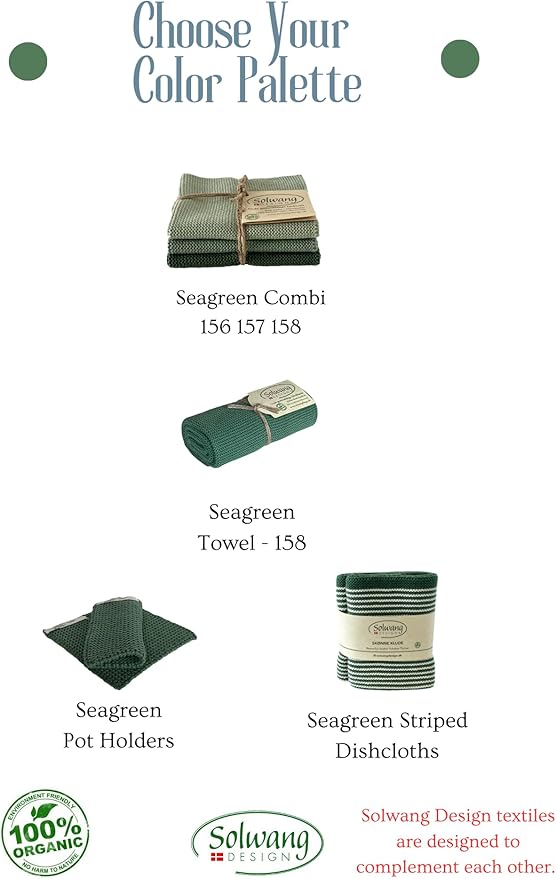 Solwang 3-Piece Danish Cotton Dishcloths in 100% Certified Organic Cotton Made in India (Seagreen Organic Combi)