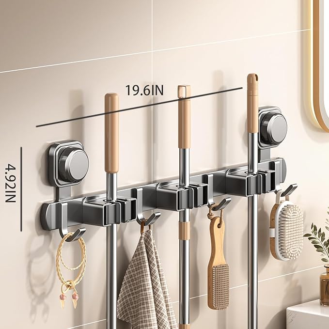 AmoiChic Wall Mount Broom and Mop Holder, Rectangular, Aluminum, Heavy Duty Storage Organizer with Hooks and Slots, Modern Style, for Home, Garage, Kitchen, Laundry, 19.6x 4.9 Inches, Gray