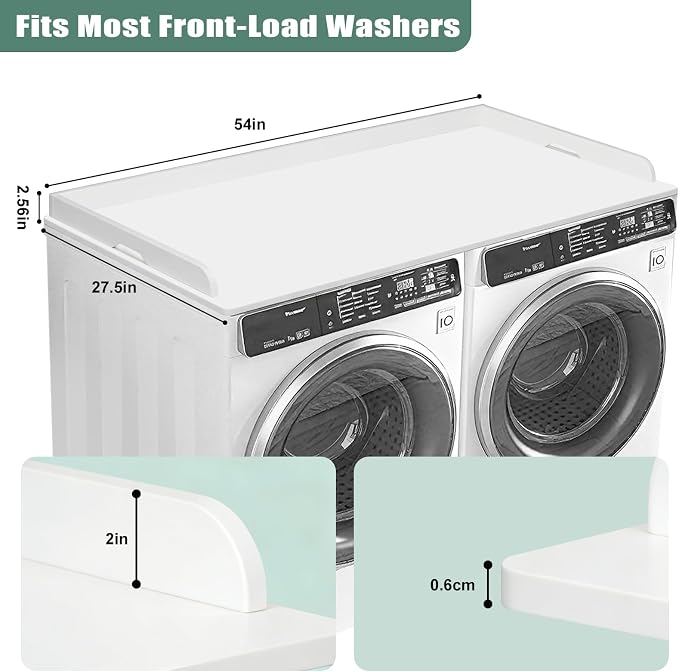 Washer Dryer Countertop, 54 x 27.5 Inch Washer Dryer Topper, Laundry Topper for Washer and Dryer, No Installation MDF Top with Raised Edge, White