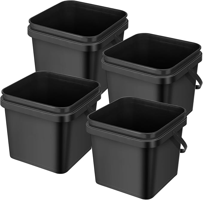 Jingmore 4 Pcs Plastic Bucket 5 Quart Square Bucket Utility Small Pail with Handle Sturdy Pail Organizer for House Cleaning Storage Livestock Feeding Car Washing Food Storage, No Lids(Black)