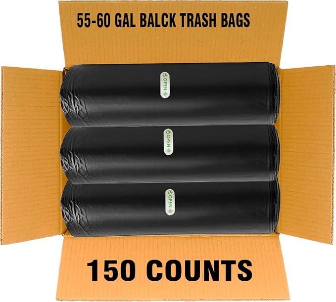 BEIDOU-PAC 55-60 Gallon Trash Bags, 150 Count Bulk, Black Heavy Duty Garbage bags, Multi-purpose Trash Can Bin Liners for Business Home Commercial, Industrial Contractors, Storage, Outdoor