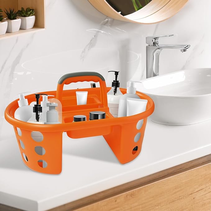 SIMPLYKLEEN Large Shower Caddy Portable 2PC - Made in USA Plastic Jumbo Size Dorm Storage Candy Tote with Handle Shower Organizer for Bathroom, Pantry, Kitchen, College Dorm, Orange