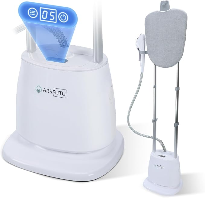 Professional Standing Garment Steamer for Home & Commercial Use | Adjustable Ironing Board, LCD Display, Dual Bar, 1500W, Fabric Brush, Fast Heating, Digital