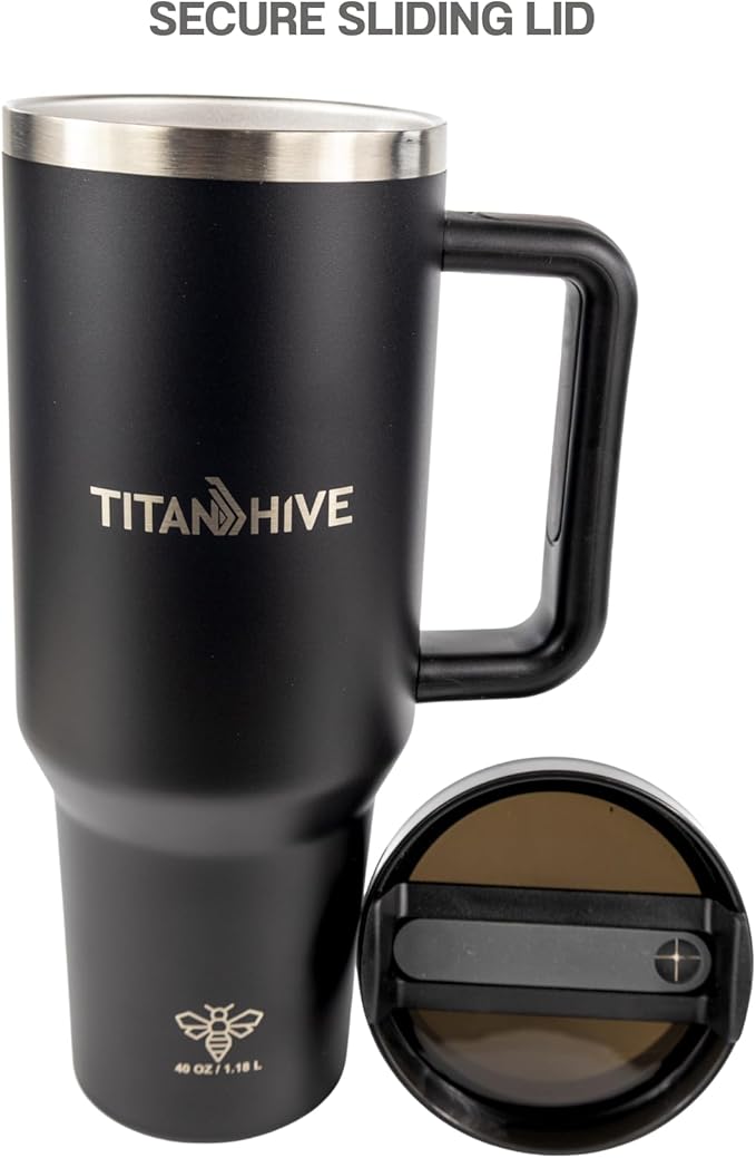 40 oz Insulated Stainless Steel Tumbler with Handle and Straw - Leak Resistant, Cup Holder Friendly Travel Mug (Matte Black)