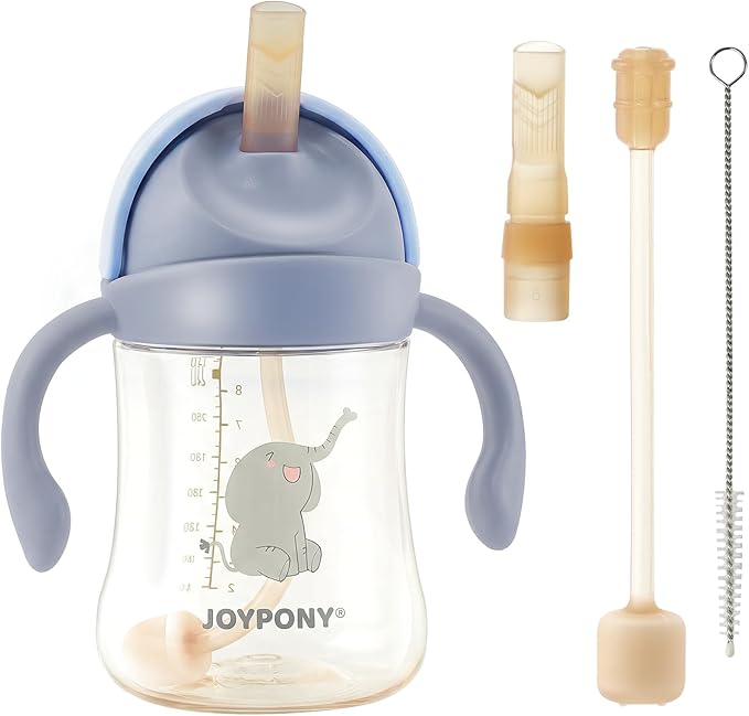 Joypony Sippy Cups for Toddlers 1-3, Spill Proof Weighted Straw Cup with Handle for Baby 6 Months + old, 2 Silicone Straws, PPSU, BPA Free, 9 oz (Blue)