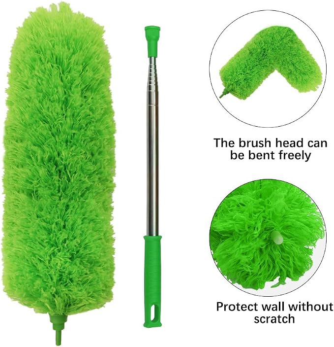 DELUX Microfiber Feather Duster Extendable Duster with 100 inches Extra Long Pole, Bendable Head & Long Handle Dusters for Cleaning Ceiling Fan, High Ceiling, Blinds, Furniture & Cars Green