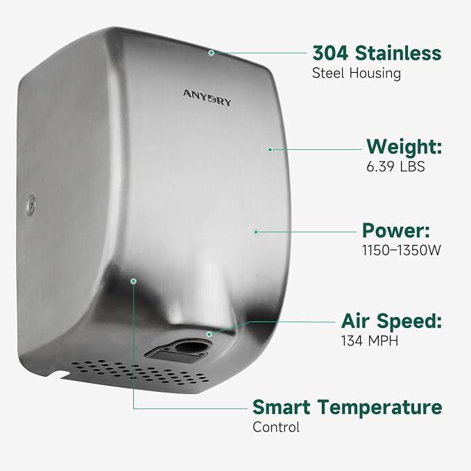 anydry Compact Hand Dryer, High-Speed 1350W Airflow, Brushed Stainless Steel Finish, Space-Saving for Commercial & Home Use, Model AD2803Y