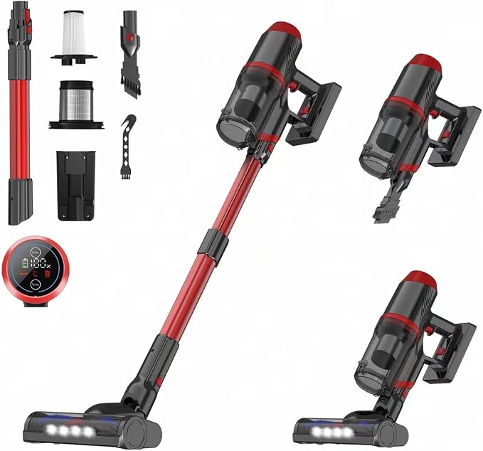 Cordless Vacuum Cleaner Upgraded 200W 45Mins Rechargeable with 3 Suction Modes Anti-Tangle Wireless Vacumm with Touch Screen LED Light Lightweight Wireless Vacuum for Home Pet Hair Floors Car