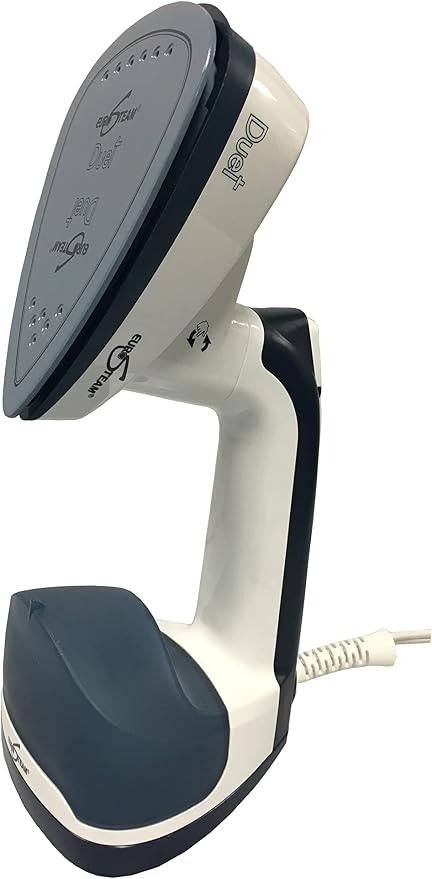 Eurosteam Duet 2-in-1 Iron & Garment Steamer with 180° Rotary Head | 1000W 2-in-1 iron and garment steamer. Features patented 180° rotating head, ceramic soleplate & removable tank.