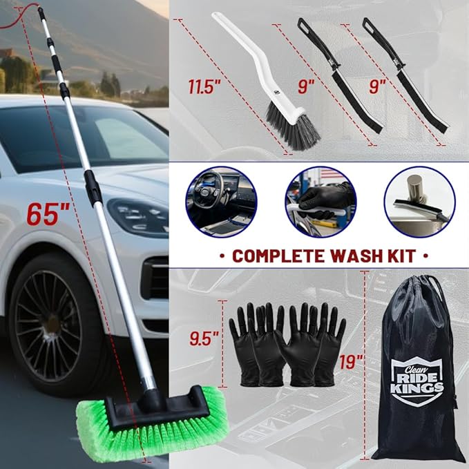 RV Wash Brush (65 in) - Flow-Thru Camper Washing Mop with Soft Bristles - Extendable Pole for Travel Trailer, Motorhome, Siding & High Windows - Includes Detail Brushes (Green)