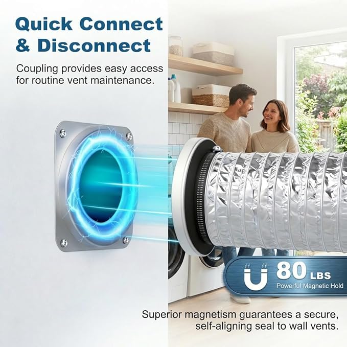 Magnetic Dryer Vent Connector Kit with Quick Connect Dryer Vent Design for Tight Spaces & Apartments, Aerospace Aluminum Body, Strong Hold, Includes 3.3ft Hose & 2 Clamps