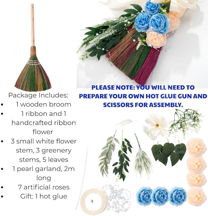 Elegant Wedding Brooms Bride Bridegroom, Jumping The Broom for Wedding, Natural Whisk Broom with Ribbons, Artificial Pearl, Leaves,Roses for Decorative