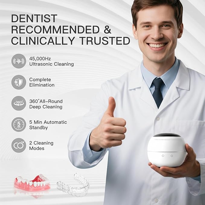 Dental Ultrasonic Retainer Cleaner Machine: 45kHz Dental Cleaning Pod for Denture, Aligner, Mouth Guard, Night Guard, Braces & Jewelry, UV Denture Cleaner with Digital Timer & Dual Mode 250ML White