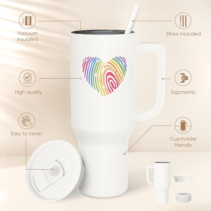 SANDJEST LGBT 40oz Tumbler with Handle and Straw, Insulated Stainless Steel Travel Coffee Mug for Gay Lesbian Adults Friends, Gift Idea for Birthday Christmas Pride Month (Heart Fingerprints)