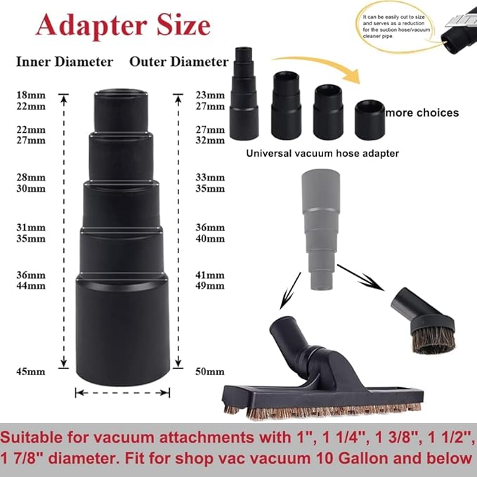 Vacuum Attachments Set with Vacuum Floor Brush, 2 Horse Hair Vacuum Attachment and Universal Vacuum Hose Adapter Fit for Shop Vac Accessories with 1", 1 1/4'', 1 3/8'', 1 1/2'', 1 7/8" Diameter