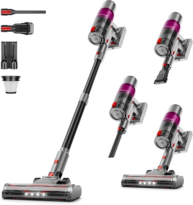 Cordless Vacuum Cleaner: Portable 6-in-1 Stick Vacuum with Anti-Tangle Brush, LED Headlight, Self-Standing, HD Display-Purple