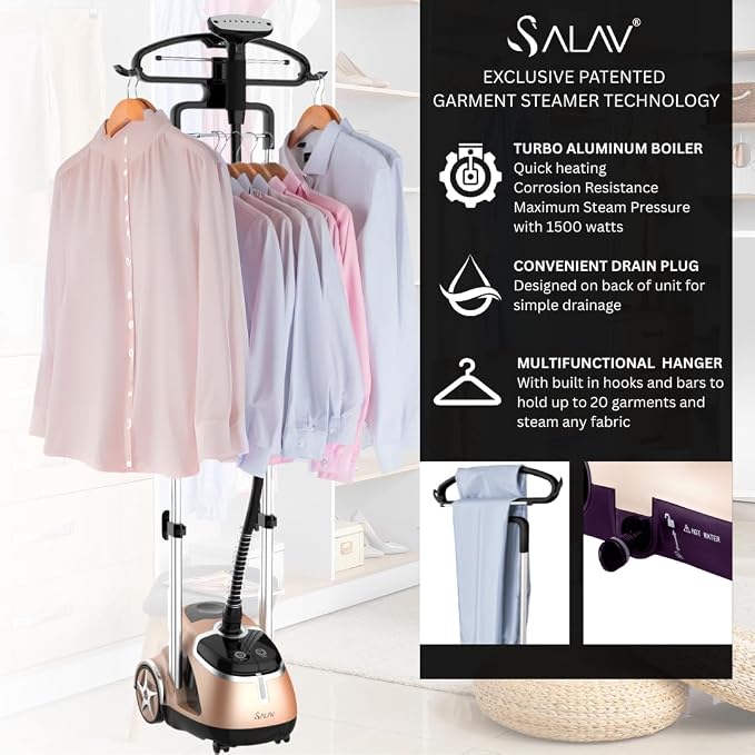 SALAV Deluxe Limited Edition Professional Series Dual Bar Garment Steamer with Foot Pedals & 3 Decalcifier Packets, Stainless Steel Plate, Retractable Cord, 1.8L Tank, 1500 watts, 60+mins of Steam