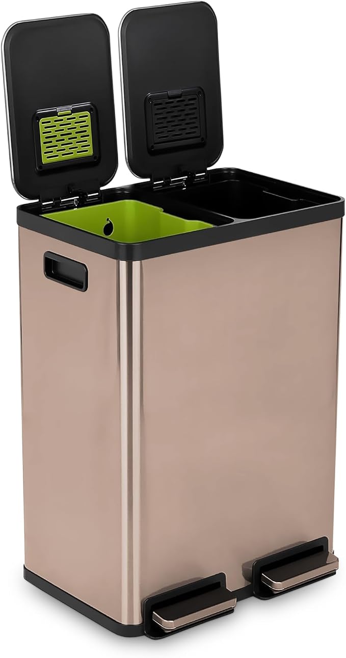 SIMPLI-Magic 60L / 16 Gallon Dual Compartment Kitchen Trash Can - Hands-Free Step Pedal, Soft-Close Lid, Stainless Steel Recycling Bin with Odor Control (30L + 30L)