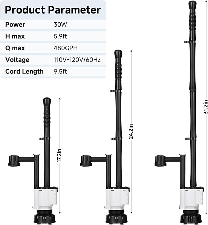 AQQA Electric Aquarium Gravel Cleaner, 8-in-1 Fish Tank Vacuum, Water Changer Sand Washer Algae Brush Turtle Shower Filter, Automatic Cleaning Kit for Freshwater Saltwater, 30W/480GPH