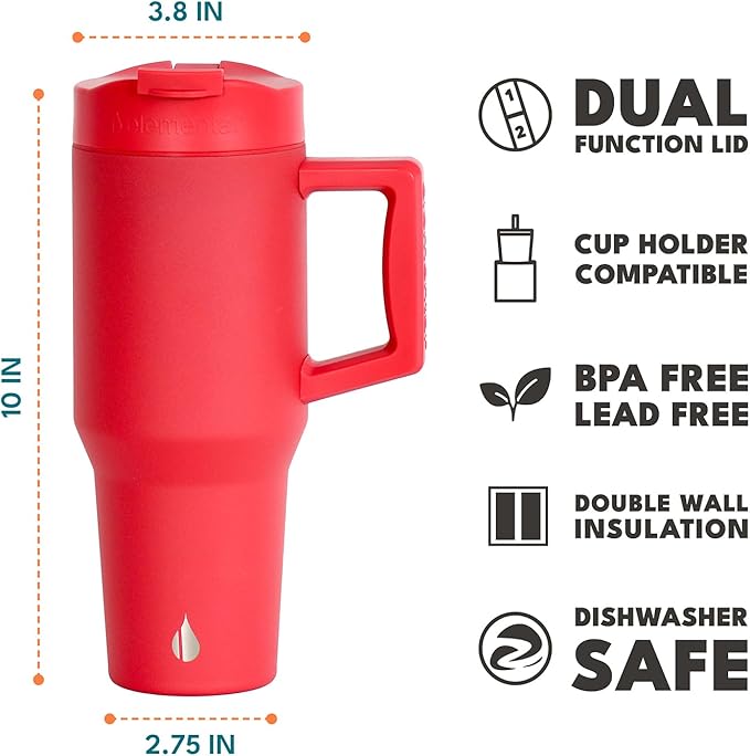 Elemental 32 oz 100% Leak Proof Tumbler with Handle & Straw - Stainless Steel Double Wall Insulated Tumbler for Hot and Cold Beverages - Travel Coffee Mug with Sip & Straw Lid - Red